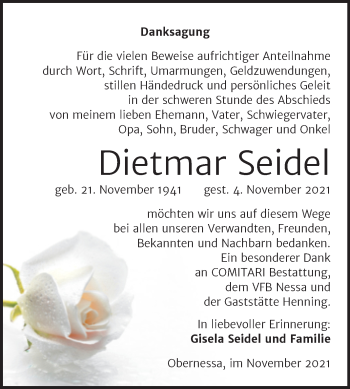 Traueranzeige von Dietmar Seidel von Trauerkombi Weißenfels