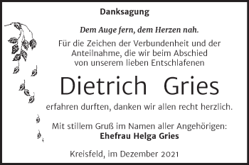 Traueranzeige von Dietrich Gries von Trauerkombi Mansfelder Land