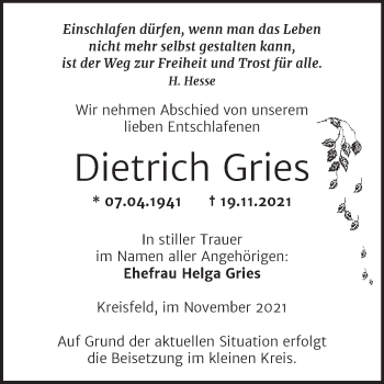 Traueranzeige von Dietrich Gries von Trauerkombi Mansfelder Land