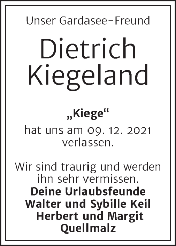 Traueranzeige von Dietrich Kiegeland von Mitteldeutsche Zeitung Halle/Saalkreis
