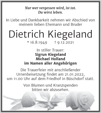 Traueranzeige von Dietrich Kiegeland von Mitteldeutsche Zeitung Halle/Saalkreis