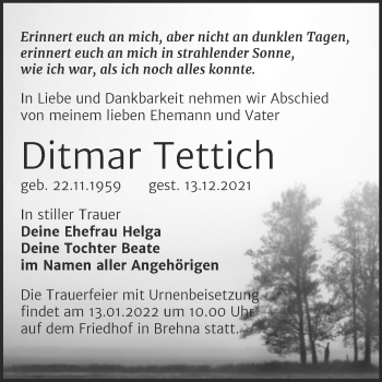 Traueranzeige von Ditmar Tettich von Trauerkombi Bitterfeld