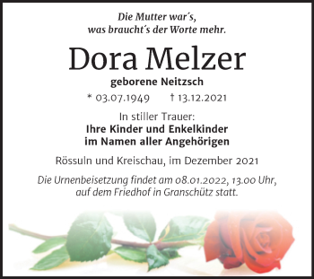 Traueranzeige von Dora Melzer von Trauerkombi Weißenfels