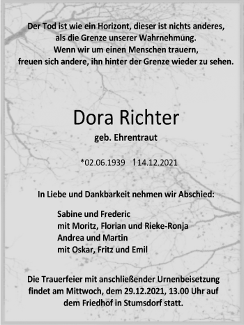 Traueranzeige von Dora Richter von Trauerkombi Bitterfeld