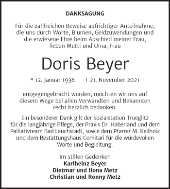 Traueranzeige von Doris Beyer von Trauerkombi Zeitz