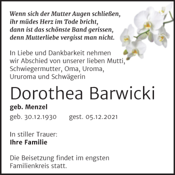 Traueranzeige von Dorothea Barwicki von Trauerkombi Sangerhausen