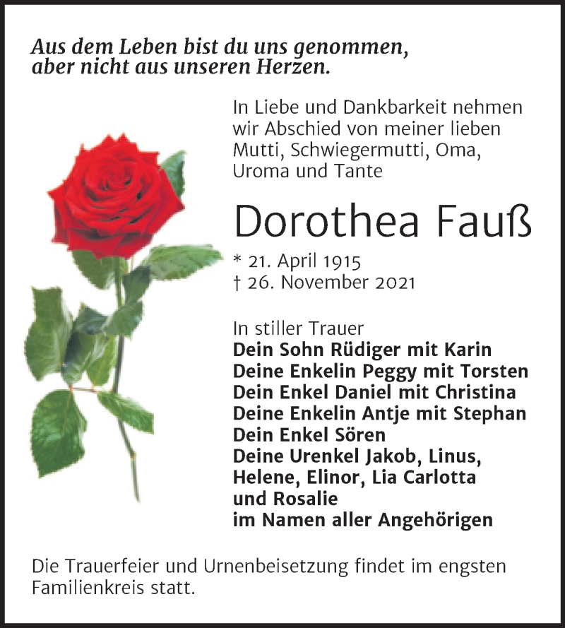  Traueranzeige für Dorothea Fauß vom 08.12.2021 aus Trauerkombi Weißenfels