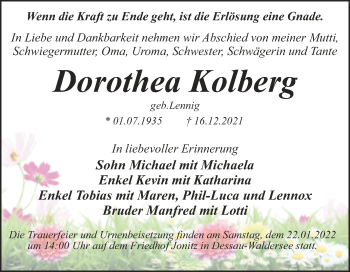 Traueranzeige von Dorothea Kolberg von Trauerkombi Dessau