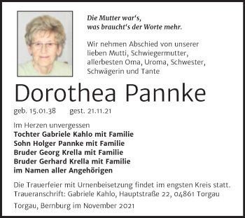 Traueranzeige von Dorothea Pannke von Trauerkombi Bernburg