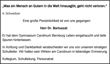 Traueranzeige von Dr.  Bartuszat von Mitteldeutsche Zeitung Salzlandkreis