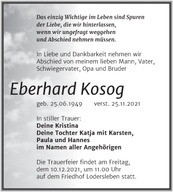 Traueranzeige von Eberhard Kosog von Trauerkombi Merseburg