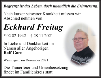 Traueranzeige von Eckhard Freitag von Trauerkombi Aschersleben