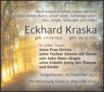 Traueranzeige von Eckhard Kraska von Trauerkombi Sangerhausen