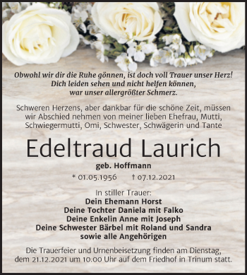 Traueranzeige von Edeltraud Laurich von Trauerkombi Köthen