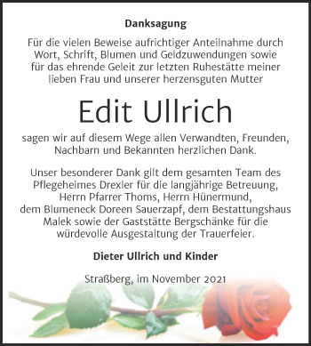 Traueranzeige von Edit Ullrich von Trauerkombi Quedlinburg