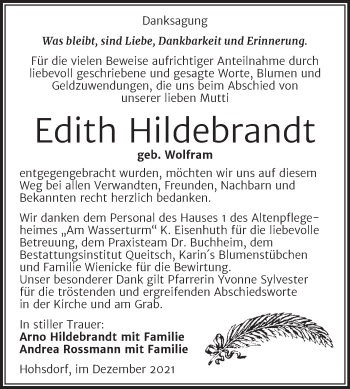 Traueranzeige von Edith Hildebrandt von Trauerkombi Köthen