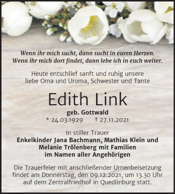 Traueranzeige von Edith Link von Trauerkombi Quedlinburg