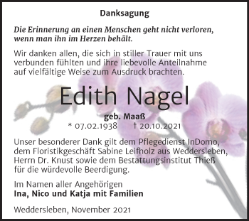 Traueranzeige von Edith Nagel von Trauerkombi Quedlinburg