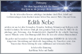 Traueranzeige von Edith Nebe von Trauerkombi Quedlinburg