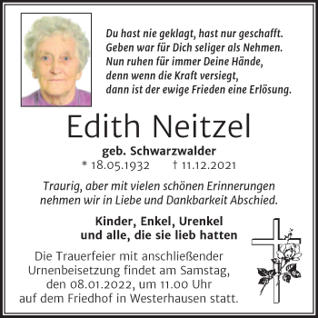 Traueranzeige von Edith Neitzel von Trauerkombi Quedlinburg