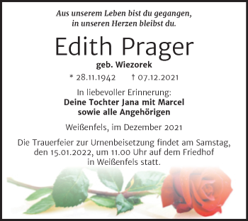 Traueranzeige von Edith Prager von Trauerkombi Weißenfels