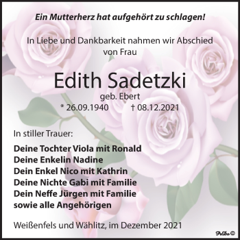 Traueranzeige von Edith Sadetzki von Trauerkombi Weißenfels