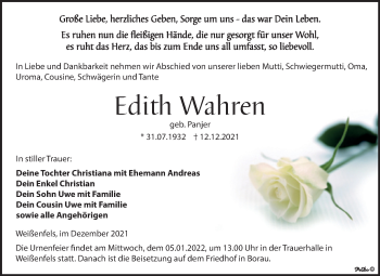 Traueranzeige von Edith Wahren von Trauerkombi Weißenfels
