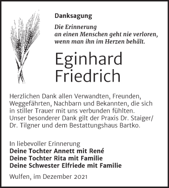 Traueranzeige von Eginhard  Friedrich von Trauerkombi Köthen