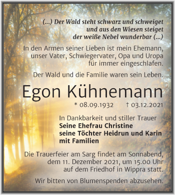 Traueranzeige von Egon Kühnemann von Mitteldeutsche Zeitung Mansfelder Land