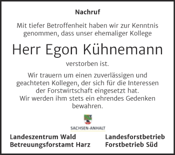 Traueranzeige von Egon Kühnemann von Mitteldeutsche Zeitung Mansfelder Land