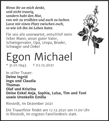 Traueranzeige von Egon Michael von Trauerkombi Sangerhausen
