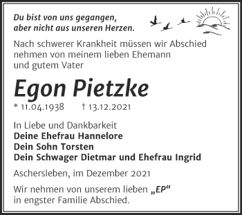 Traueranzeige von Egon Pietzke von Trauerkombi Aschersleben