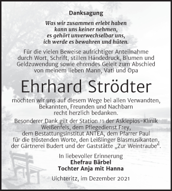 Traueranzeige von Ehrhard Strödter von Trauerkombi Weißenfels