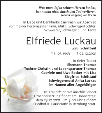 Traueranzeige von Elfriede Luckau von Trauerkombi Bernburg