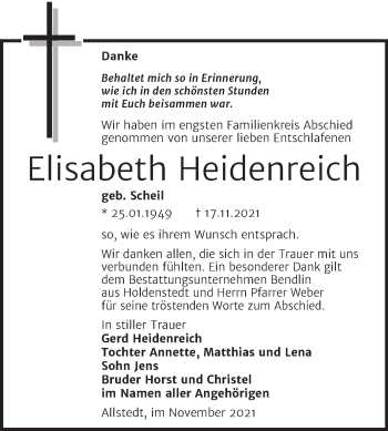 Traueranzeige von Elisabeth Heidenreich von Trauerkombi Sangerhausen