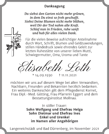 Traueranzeige von Elisabeth Loth von Trauerkombi Merseburg