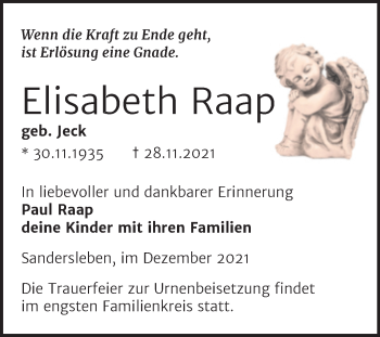 Traueranzeige von Elisabeth Raap von Trauerkombi Mansfelder Land