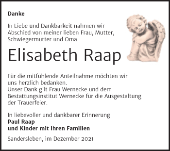 Traueranzeige von Elisabeth Raap von Trauerkombi Mansfelder Land