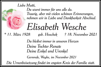 Traueranzeige von Elisabeth Wesche von Trauerkombi Quedlinburg