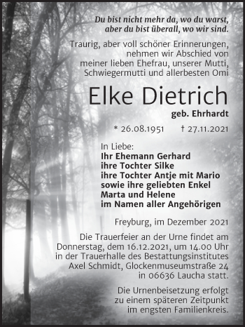 Traueranzeige von Elke Dietrich von Wochenspiegel Naumburg/Nebra
