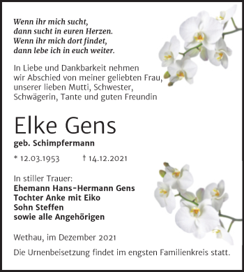 Traueranzeige von Elke Gens von Naumburger Tageblatt