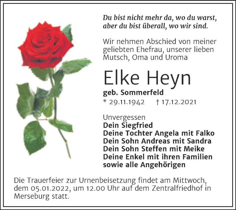  Traueranzeige für Elke Heyn vom 30.12.2021 aus Trauerkombi Merseburg