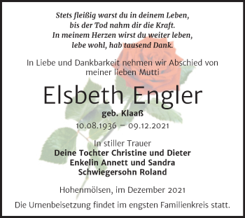 Traueranzeige von Elsbeth Engler von Trauerkombi Weißenfels