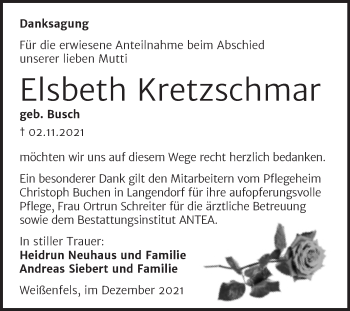 Traueranzeige von Elsbeth Kretzschmar von Trauerkombi Weißenfels