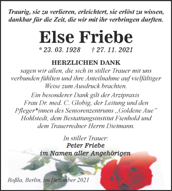 Traueranzeige von Else Friebe von Trauerkombi Sangerhausen