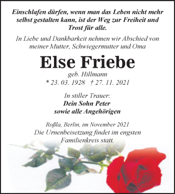 Traueranzeige von Else Friebe von Trauerkombi Sangerhausen