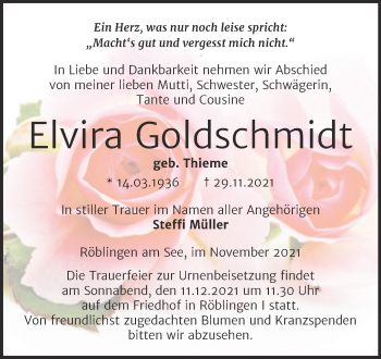 Traueranzeige von Elvira Goldschmidt von Trauerkombi Mansfelder Land