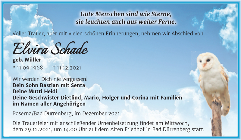 Traueranzeige für Elvira Schade vom 22.12.2021 aus Trauerkombi Merseburg