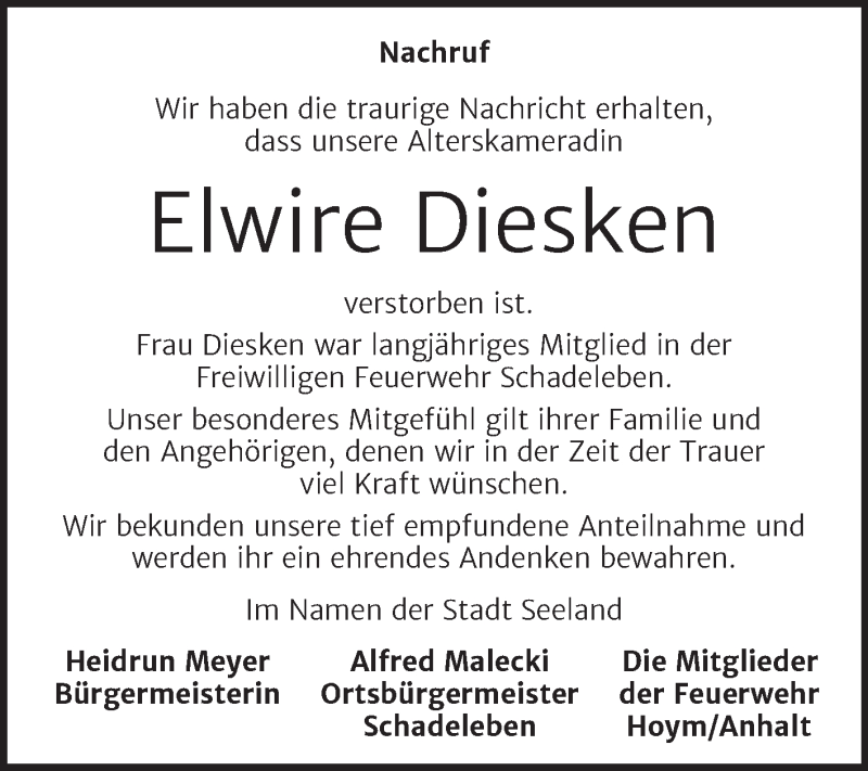  Traueranzeige für Elwire Diesken vom 08.12.2021 aus Wochenspiegel Aschersleben