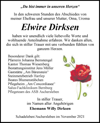 Traueranzeige von Elwire Dirksen von Trauerkombi Aschersleben